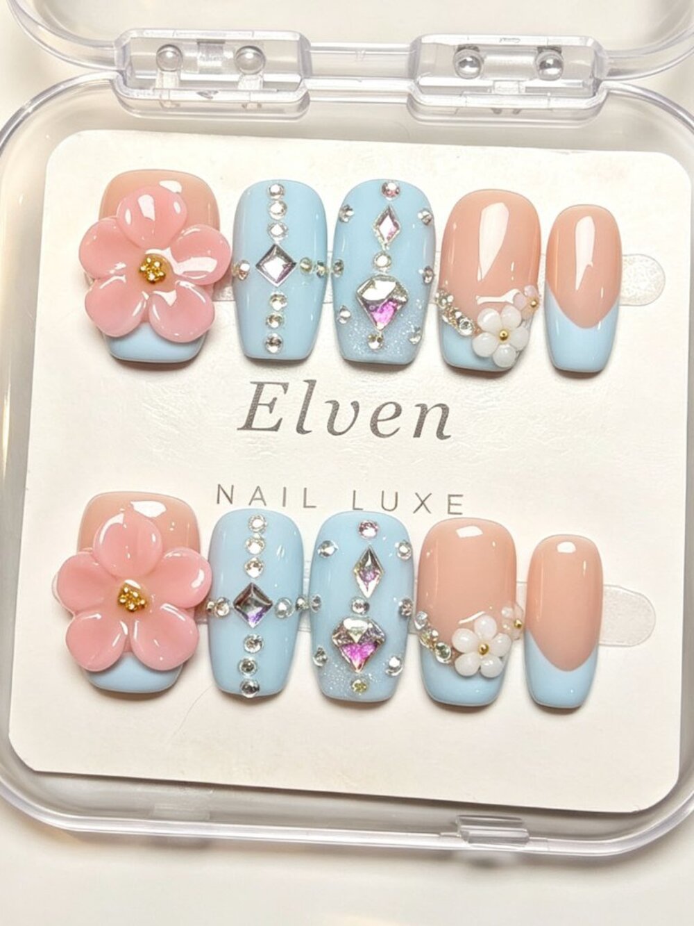 Cute Handmade Short Square Press On Nails | 3D Pink Flower & Bling Rhinestone